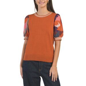 RIO & RIAN mango Scoop Neck Printed Chiffon Sleeve Pull Over Sweater